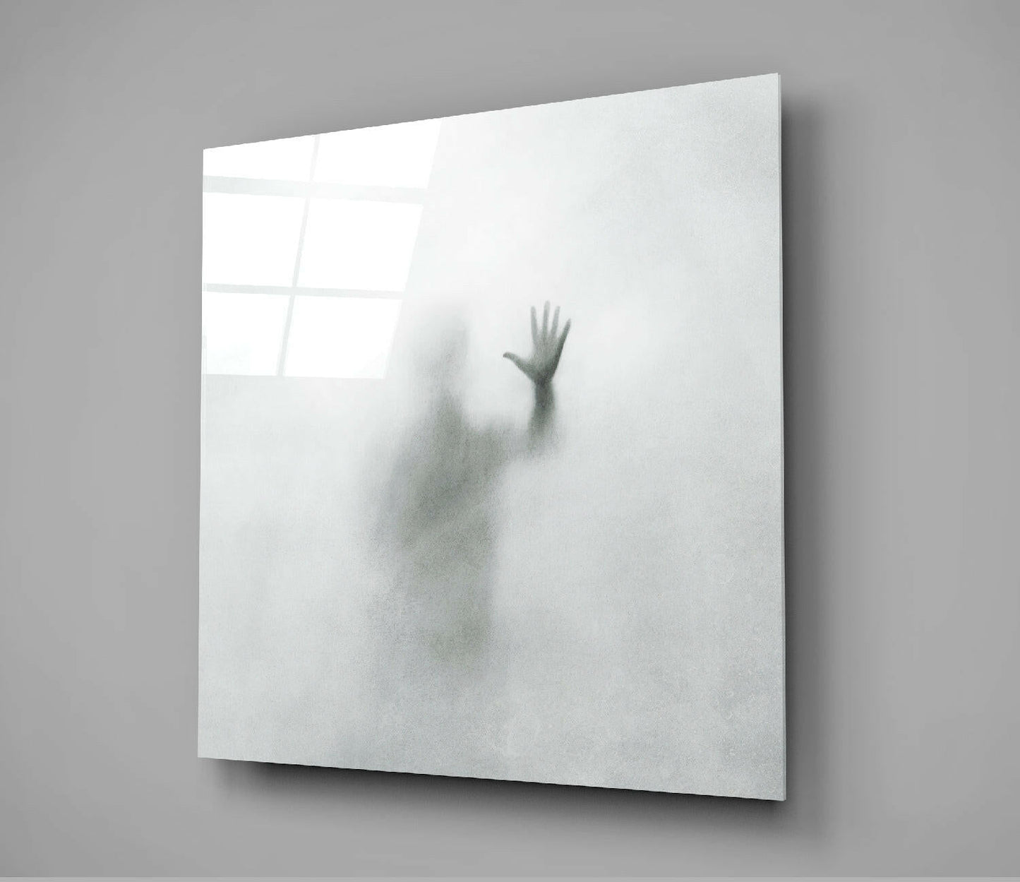 Hand Behind Misty Fog Silhouette Glass Wall Art