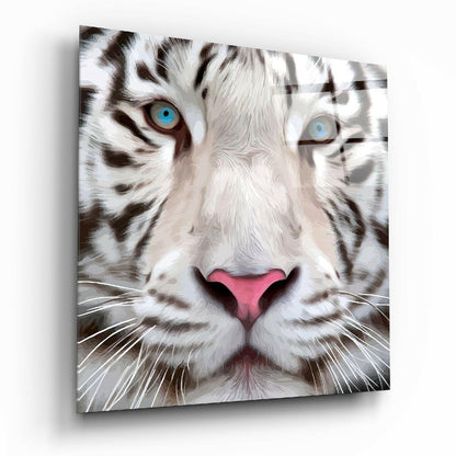 Blue Eyed White Tiger Closeup Glass Wall Art
