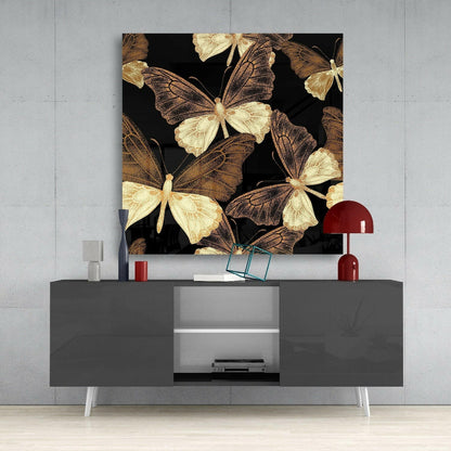 Golden Butterflies Black Backdrop Glass Wall Art