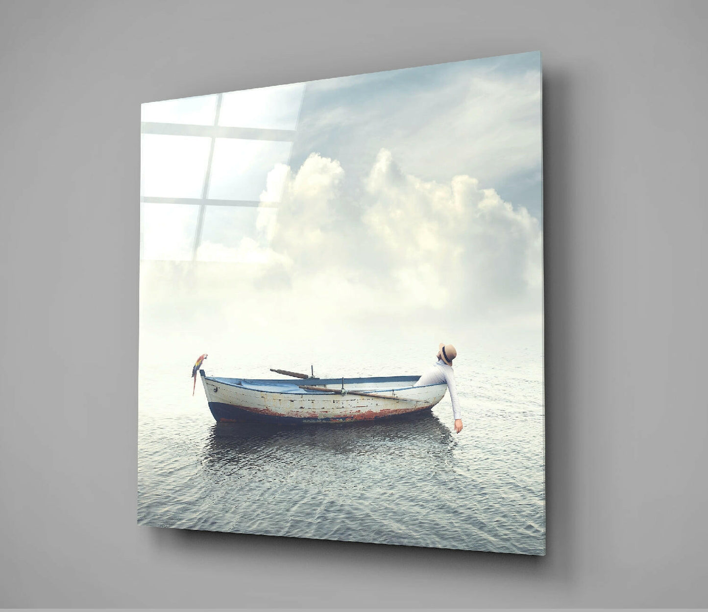 White Boat With Parrot Calm Sea Glass Wall Art