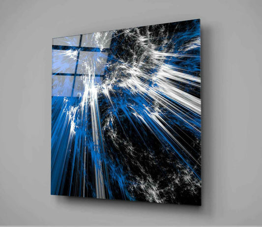 Blue White Shattered Fractal Burst Glass Wall Art