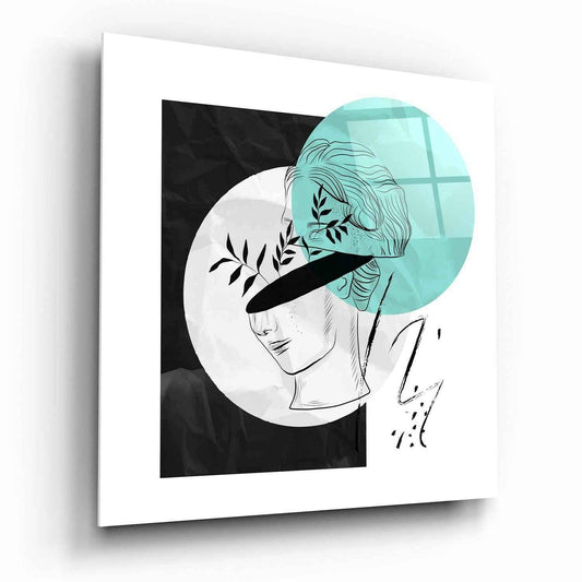 Turquoise Moon Leafy Blindfold Bust Glass Wall Art