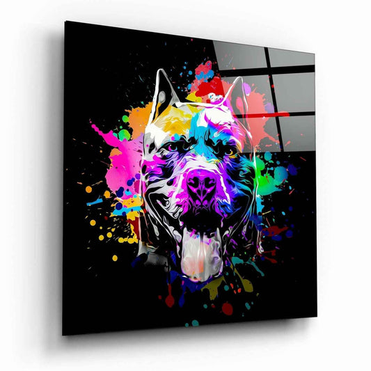 Neon Paint Splash Pitbull on Black Glass Wall Art