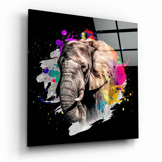 Paint Splash Elephant Head Black Glass Wall Art