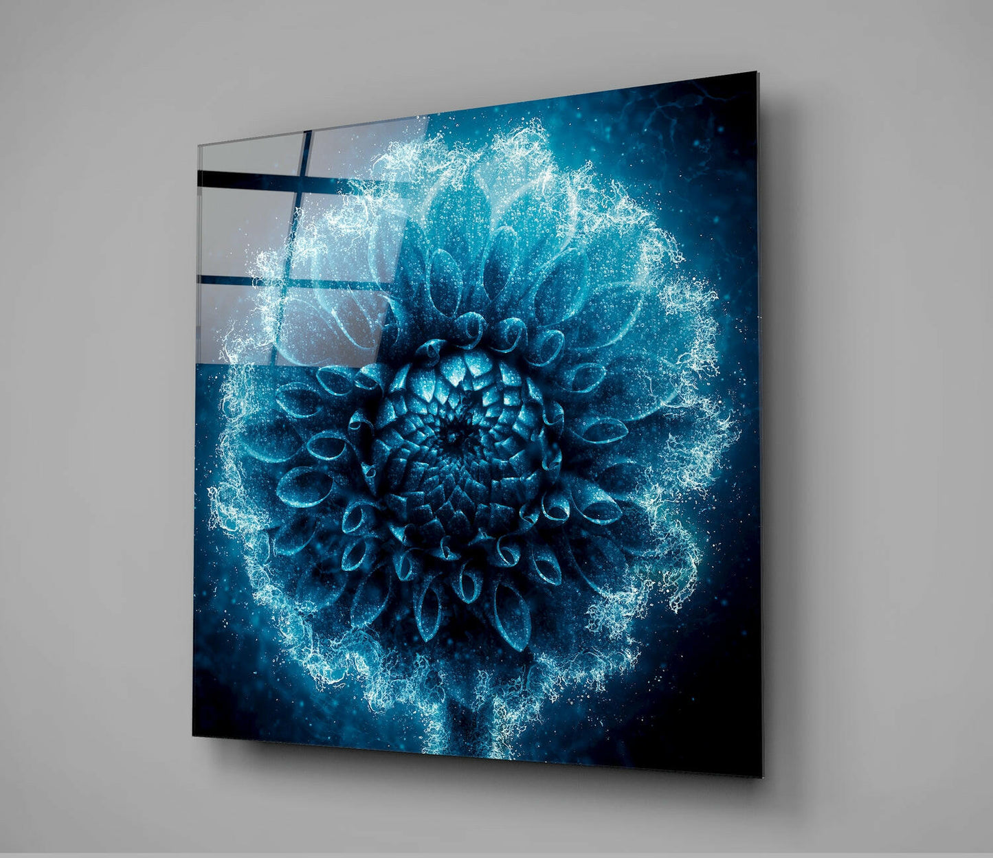 Frosted Blue Dahlia Glass Wall Art
