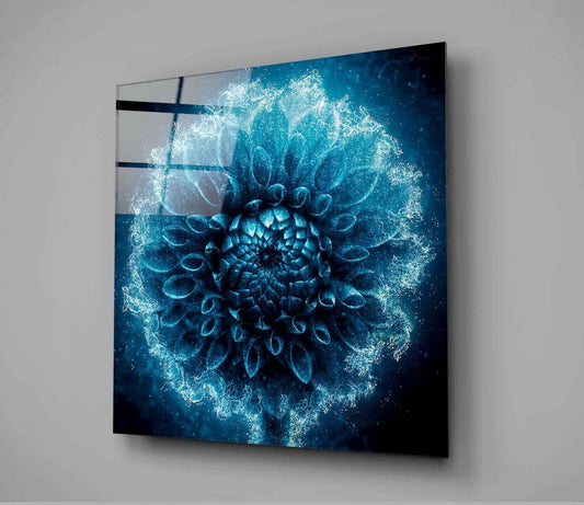 Frosted Blue Dahlia Glass Wall Art