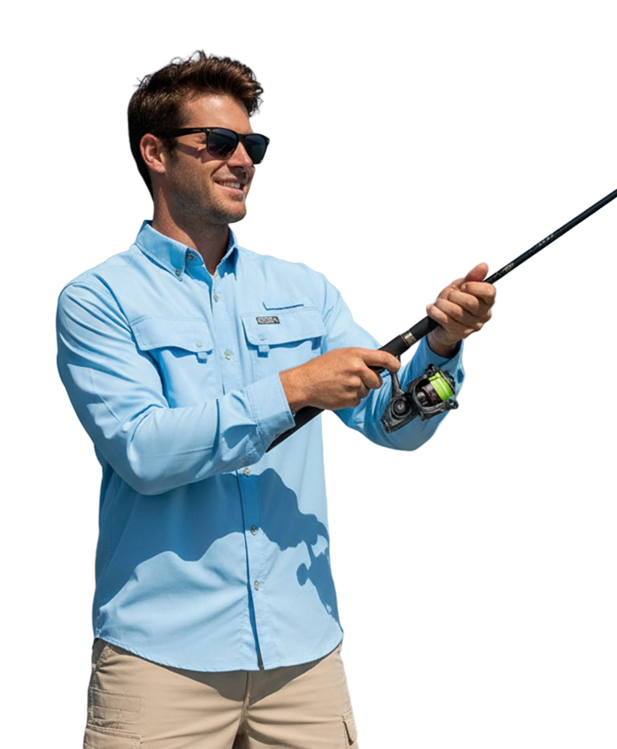 Man fishing on a lake wearing a light blue shirt with a logo.