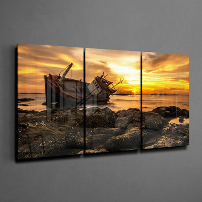 Shipwreck Golden Sunset Rocky Shore Glass Wall Art