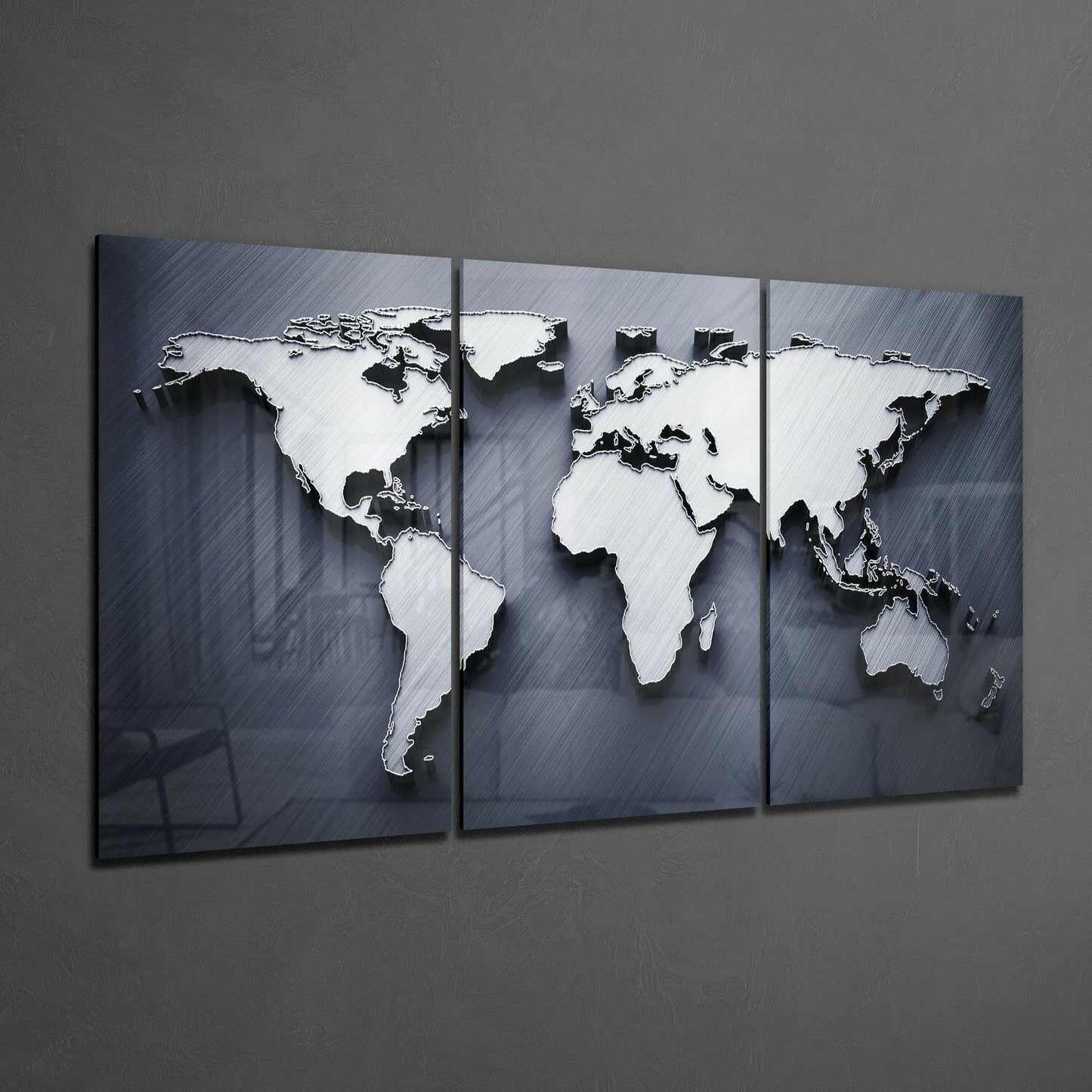 Metallic Silver 3D World Map Glass Wall Art