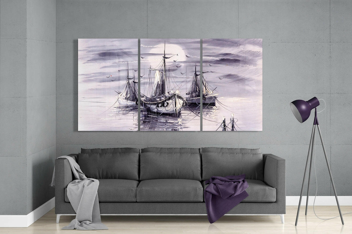 Lavender Gray Fishing Boats at Moonrise Glass Wall Art
