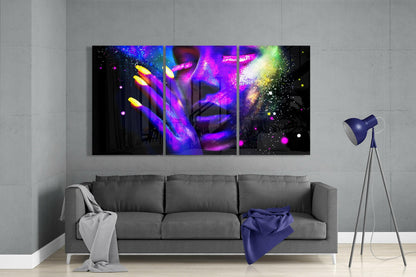 Three Panel Neon Glow Nails Woman Glass Wall Art