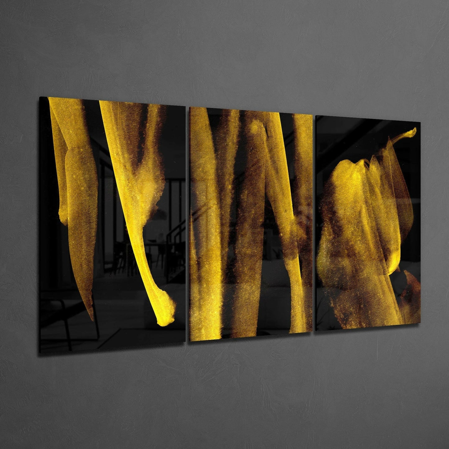 Vertical Gold Drip Streaks on Black Glass Art