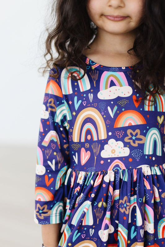 Midnight Rainbow 3/4 Sleeve Pocket Twirl Dress - Shaketea