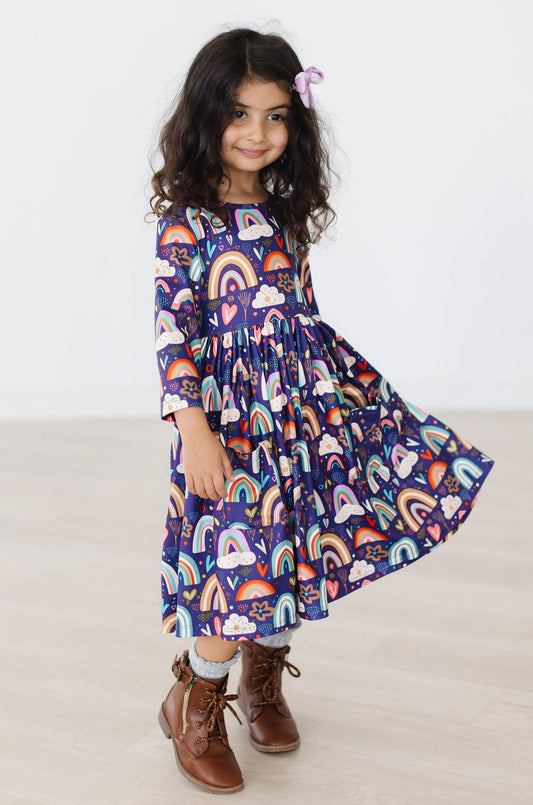 Midnight Rainbow 3/4 Sleeve Pocket Twirl Dress - Shaketea