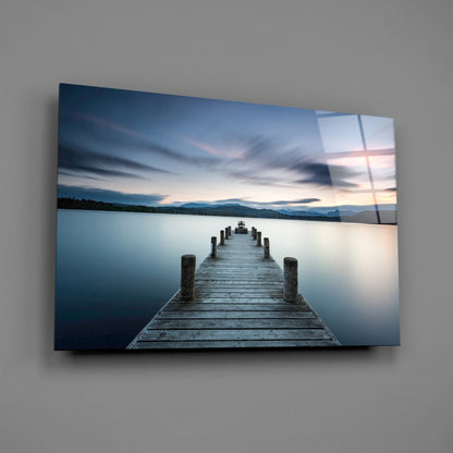 Panoramic Dusk Lake Jetty Glass Wall Art