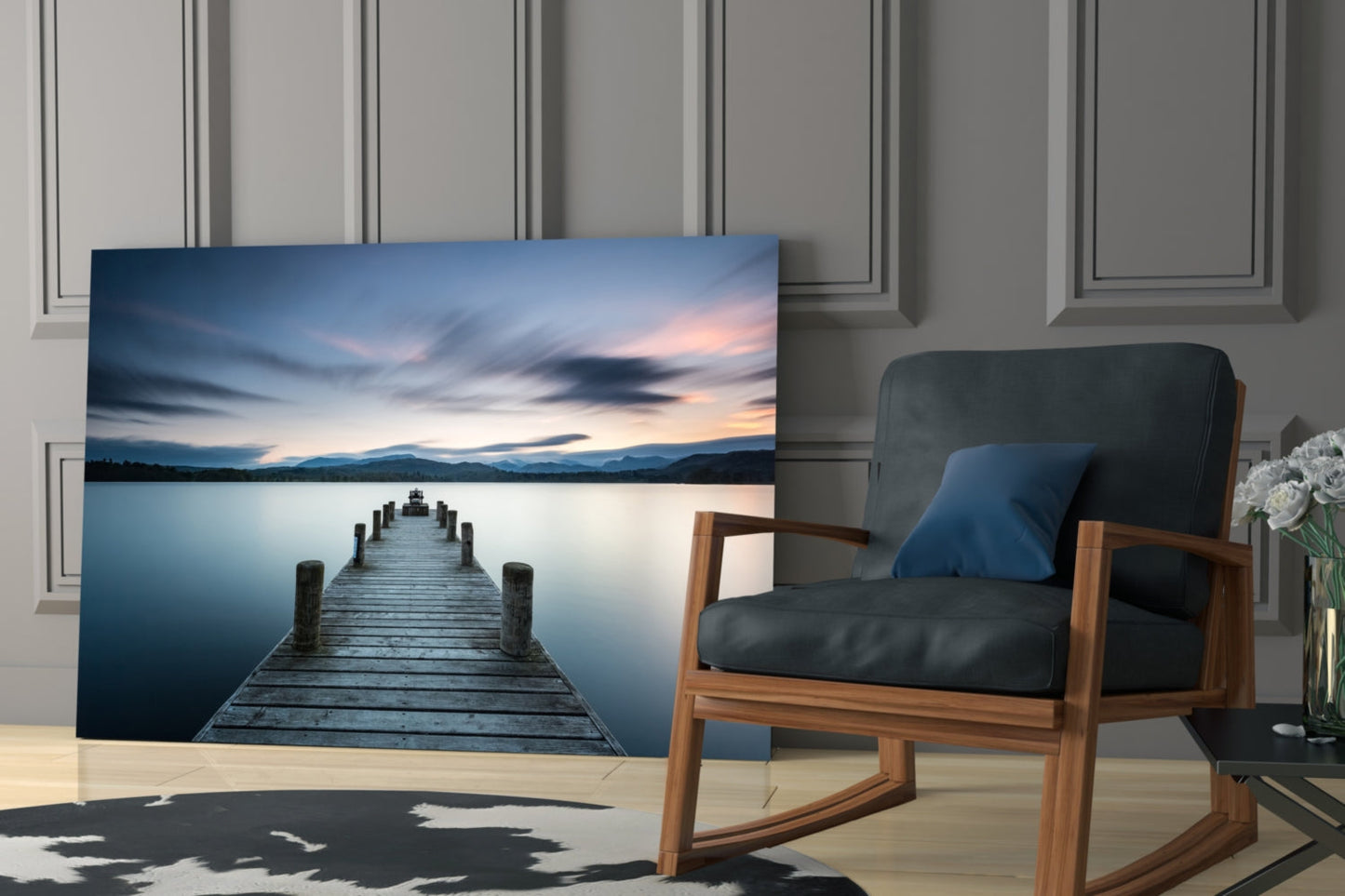 Panoramic Dusk Lake Jetty Glass Wall Art