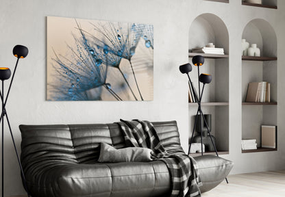 Blue Dandelion Water Drops Glass Wall Art