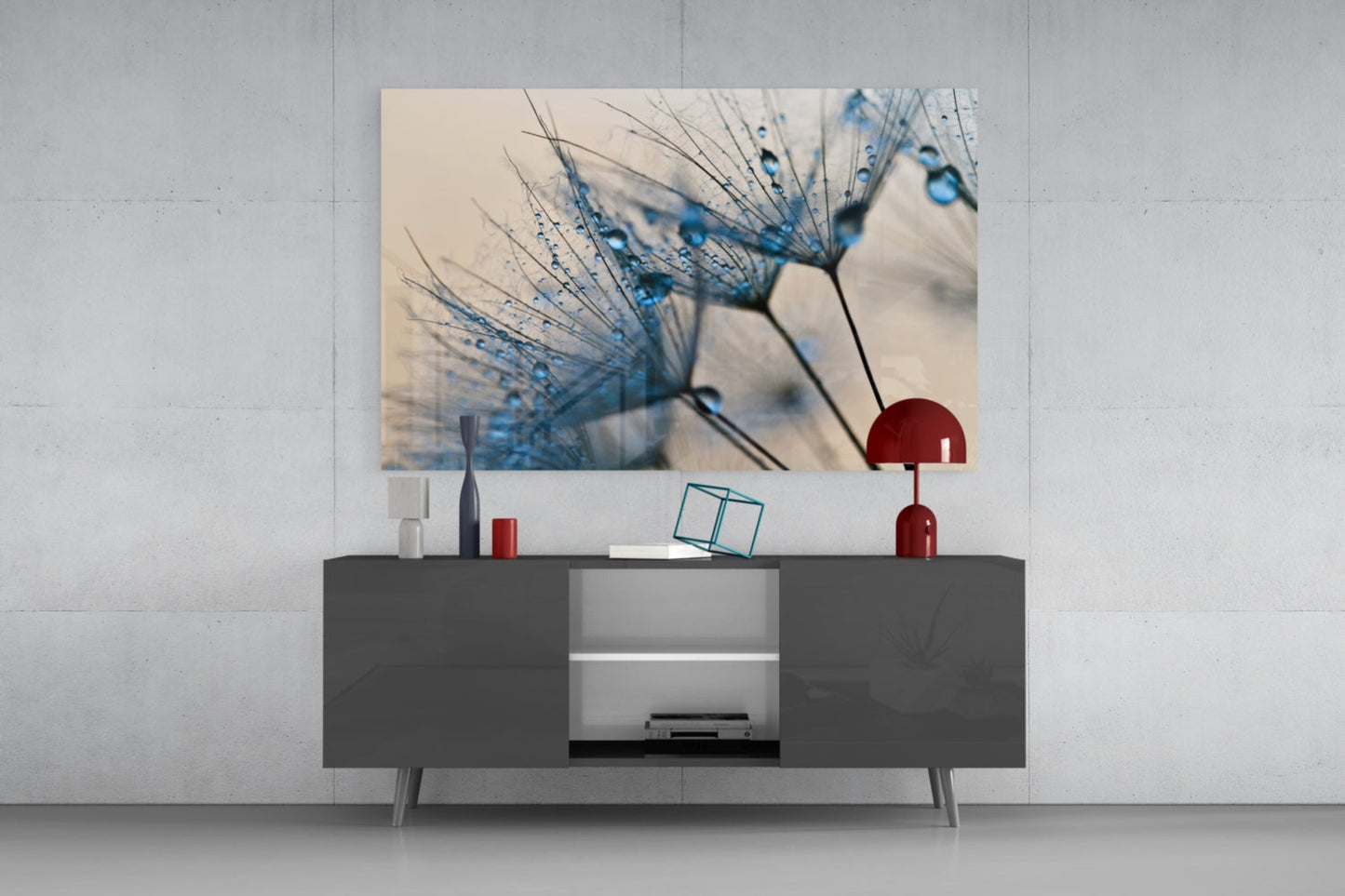 Blue Dandelion Water Drops Glass Wall Art