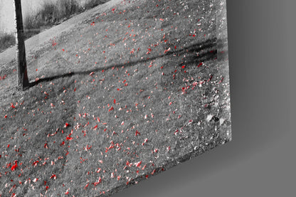 Lone Red Tree Bench Glass Wall Art