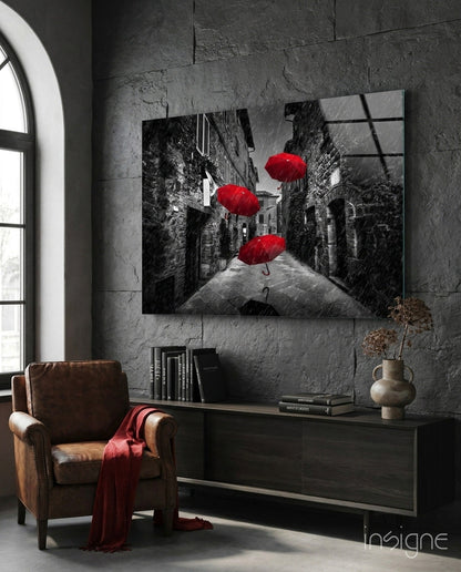 Three Red Umbrellas Rainy Alley Glass Wall Art