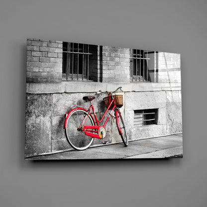 Red Bike Against Barred Window Wall Glass Wall Art
