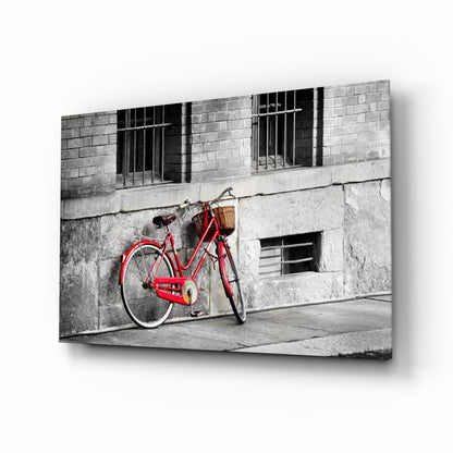 Red Bike Against Barred Window Wall Glass Wall Art