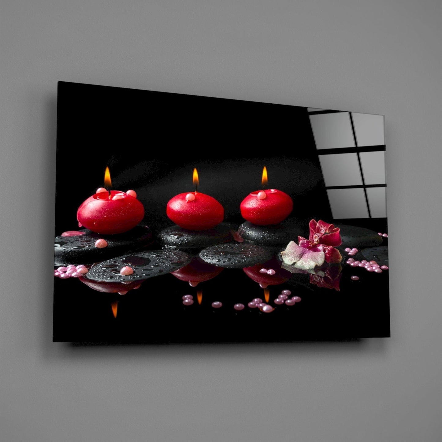 Red Candles Zen Stones Glass Wall Art