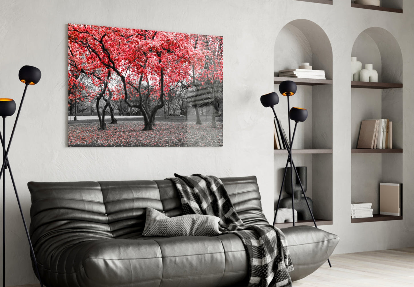 Crimson Autumn Park Trees Glass Wall Art