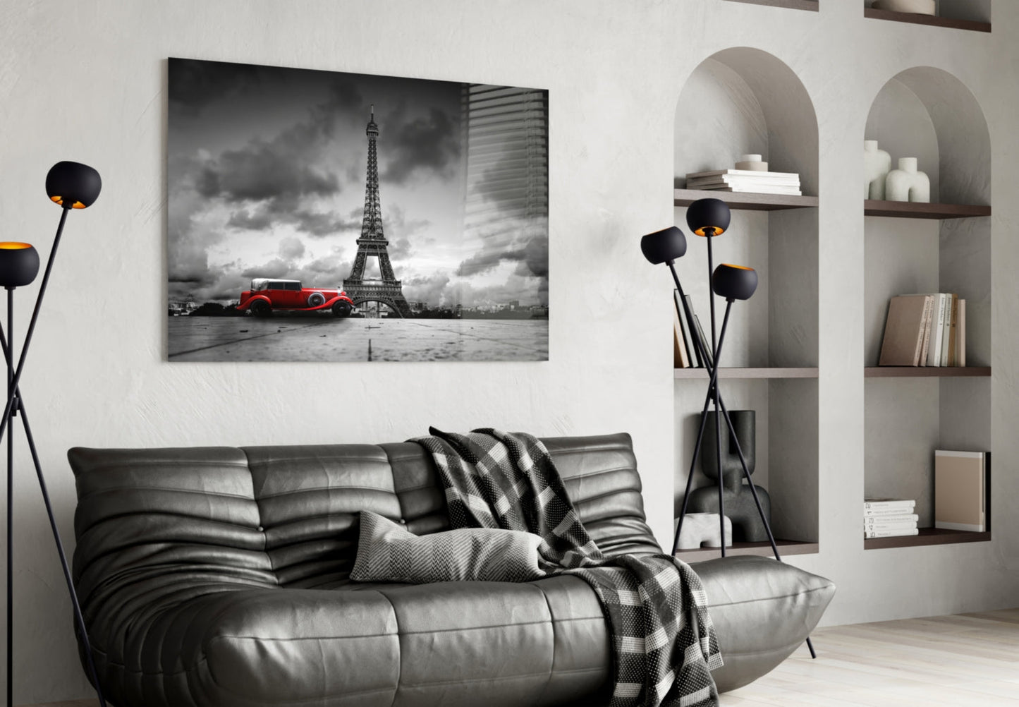 Red Vintage Car Eiffel Glass Wall Art