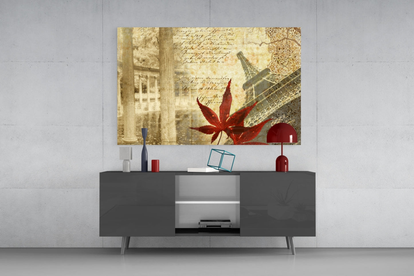 Red Maple Leaf Paris Tower Vintage Glass Wall Art