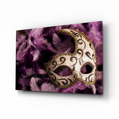 Ornate Mask Purple Feathers Glass Wall Art
