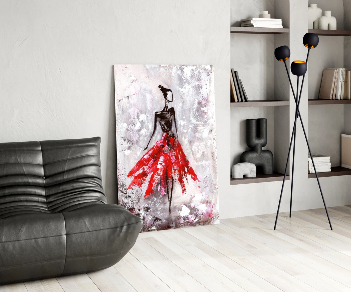 Crimson Petal Dress Slender Dancer Glass Wall Art