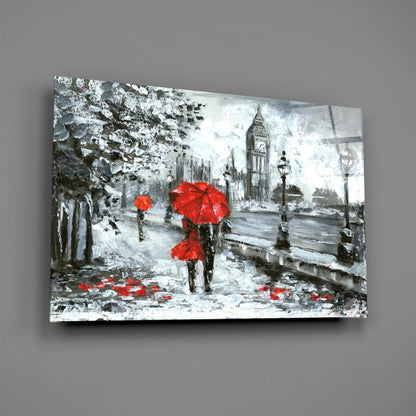 Rainy Riverside Boulevard Red Umbrellas Glass Wall Art