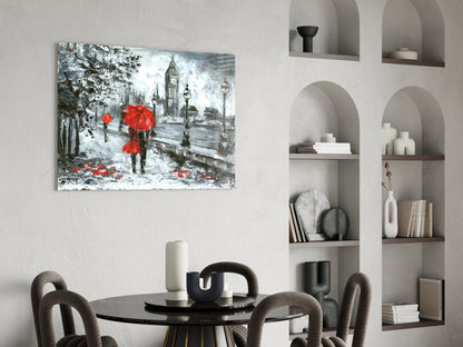 Rainy Riverside Boulevard Red Umbrellas Glass Wall Art