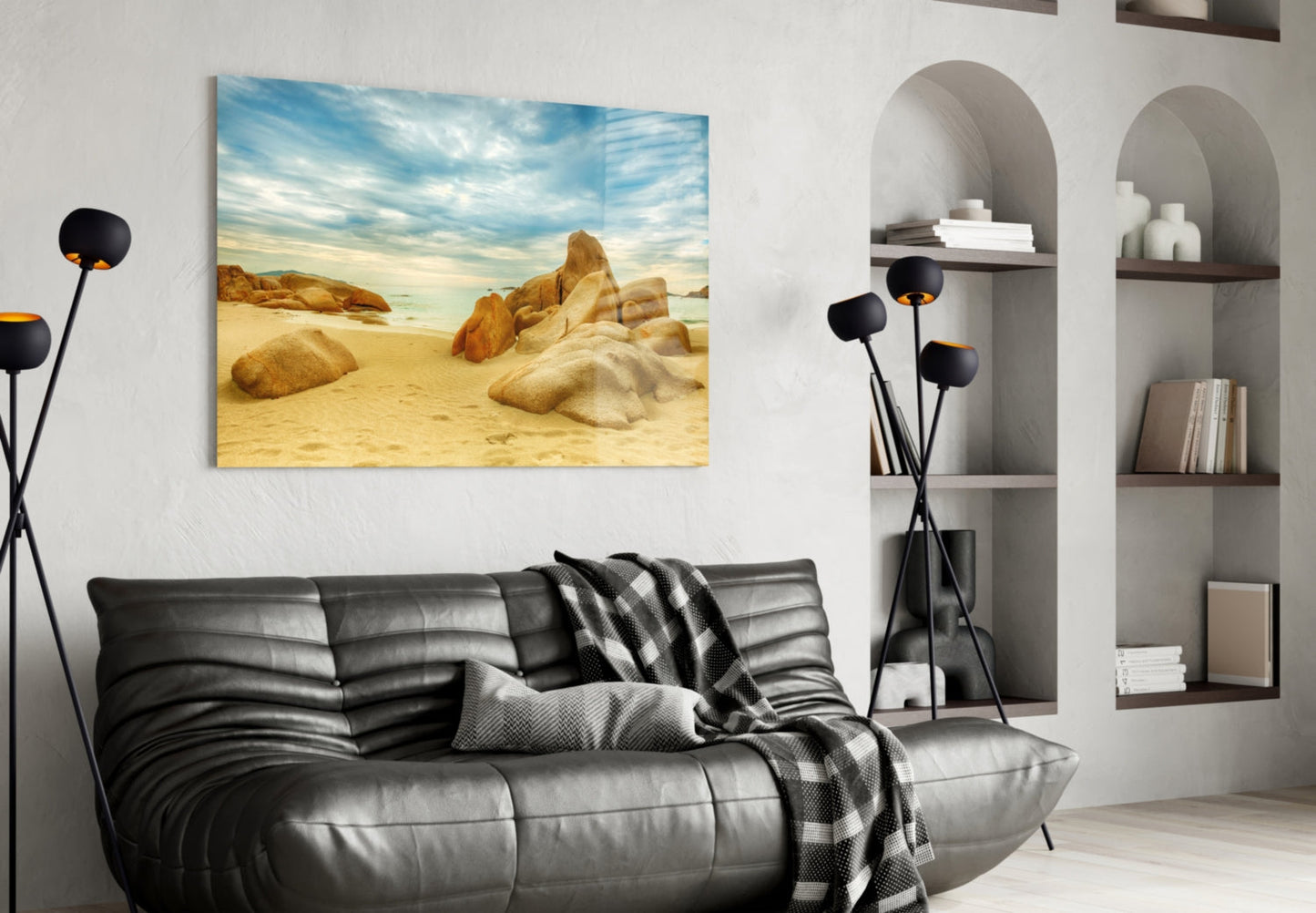 Wide Rocky Shore Blue Sky Beach Glass Wall Art
