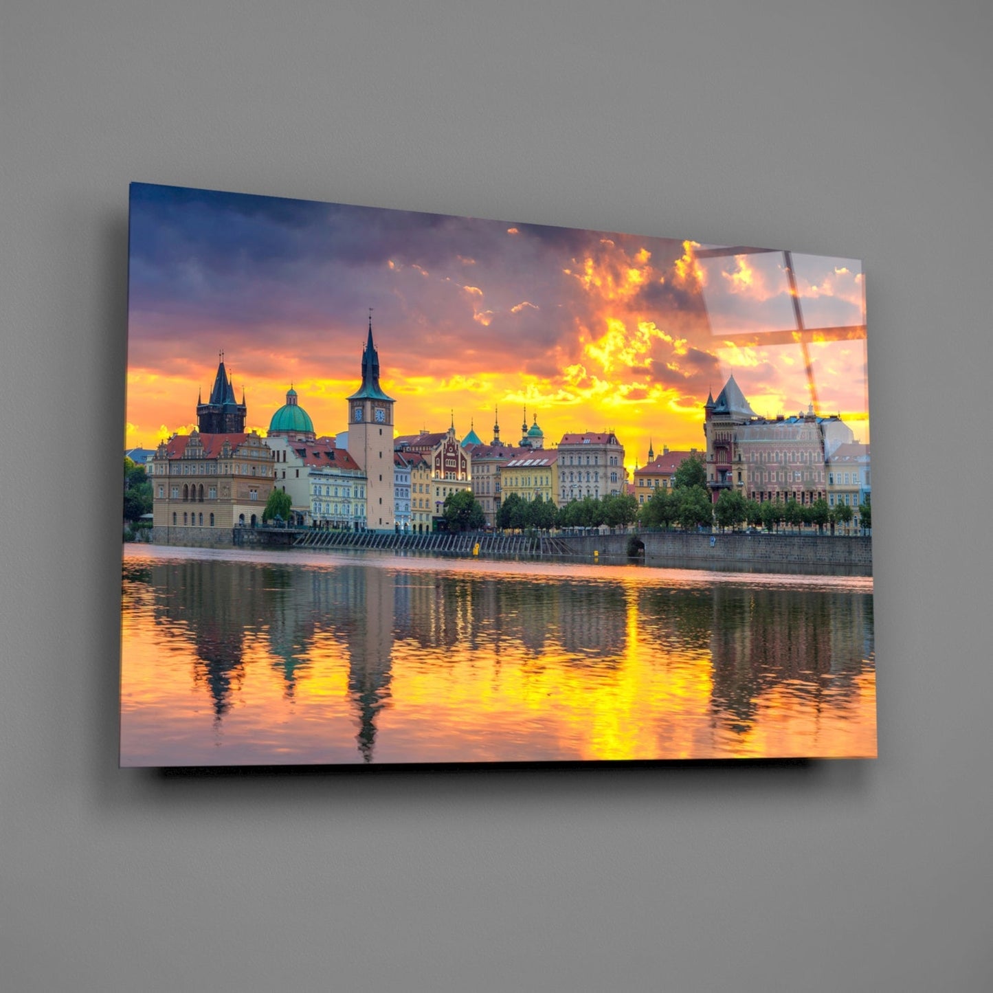 Fiery Sunset Clouds Prague Panorama Glass Wall Art