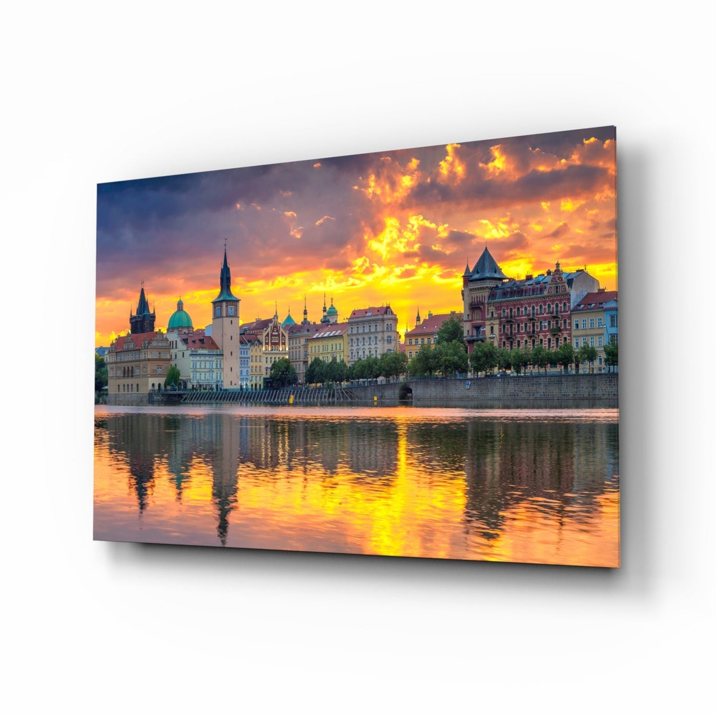 Fiery Sunset Clouds Prague Panorama Glass Wall Art