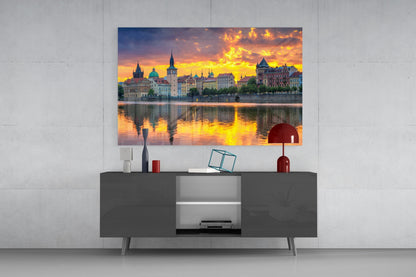 Fiery Sunset Clouds Prague Panorama Glass Wall Art