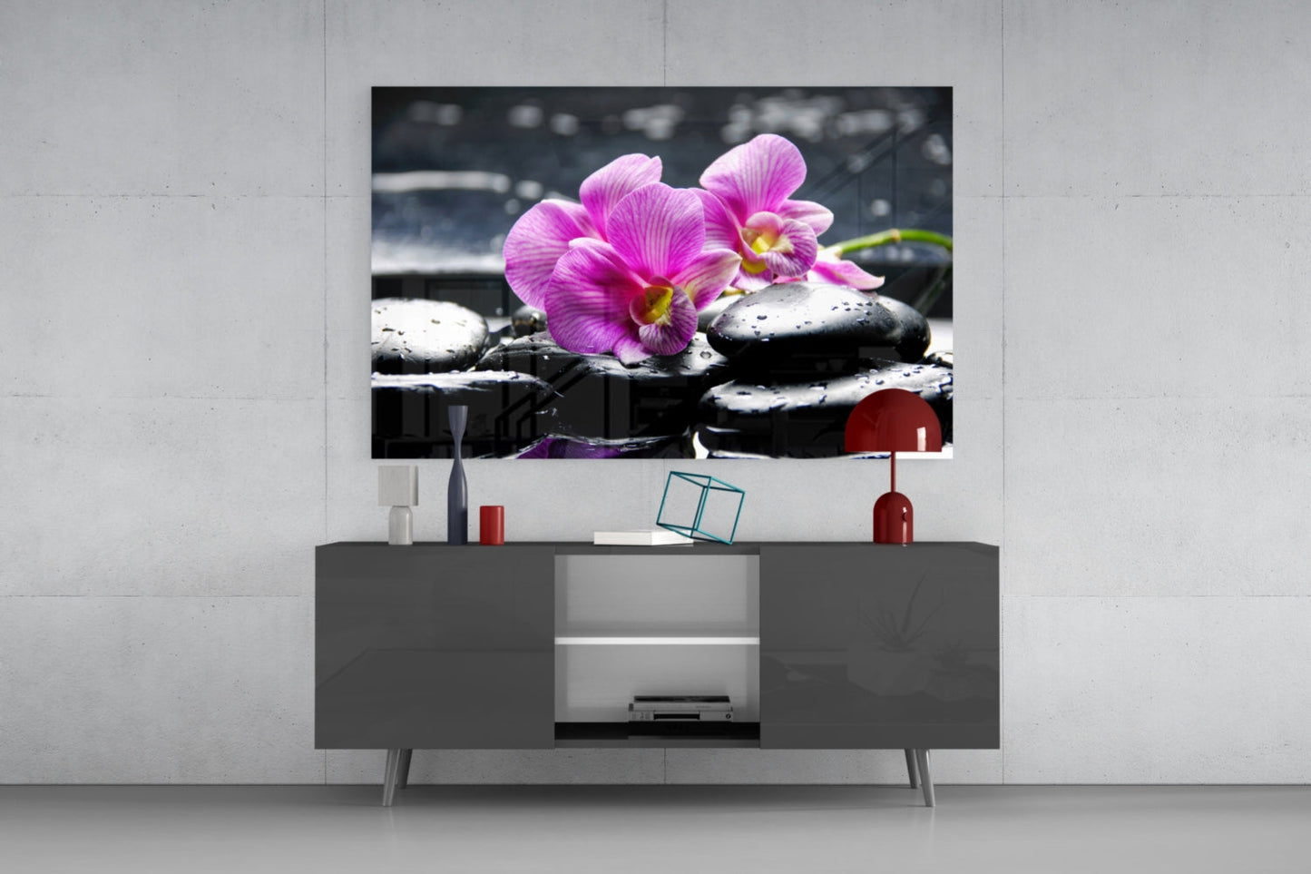 Magenta Orchid Pair Black Stones Glass Wall Art
