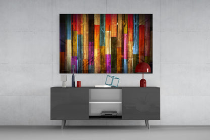 Vibrant Multicolor Wood Plank Stripes Glass Wall Art