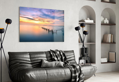 Purple Dusk Pier Posts Glass Wall Art