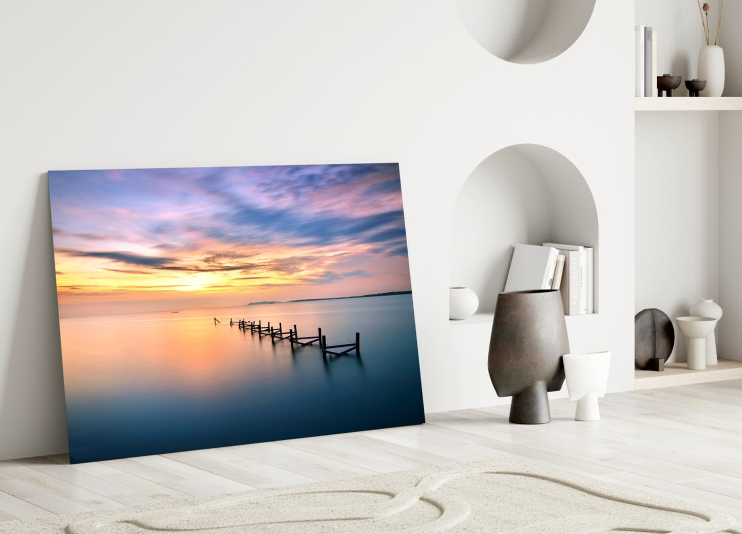 Purple Dusk Pier Posts Glass Wall Art