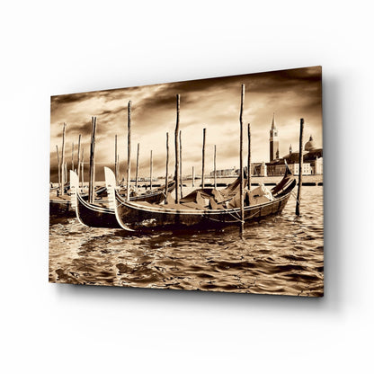 Sepia Moored Gondolas Skyline Glass Wall Art