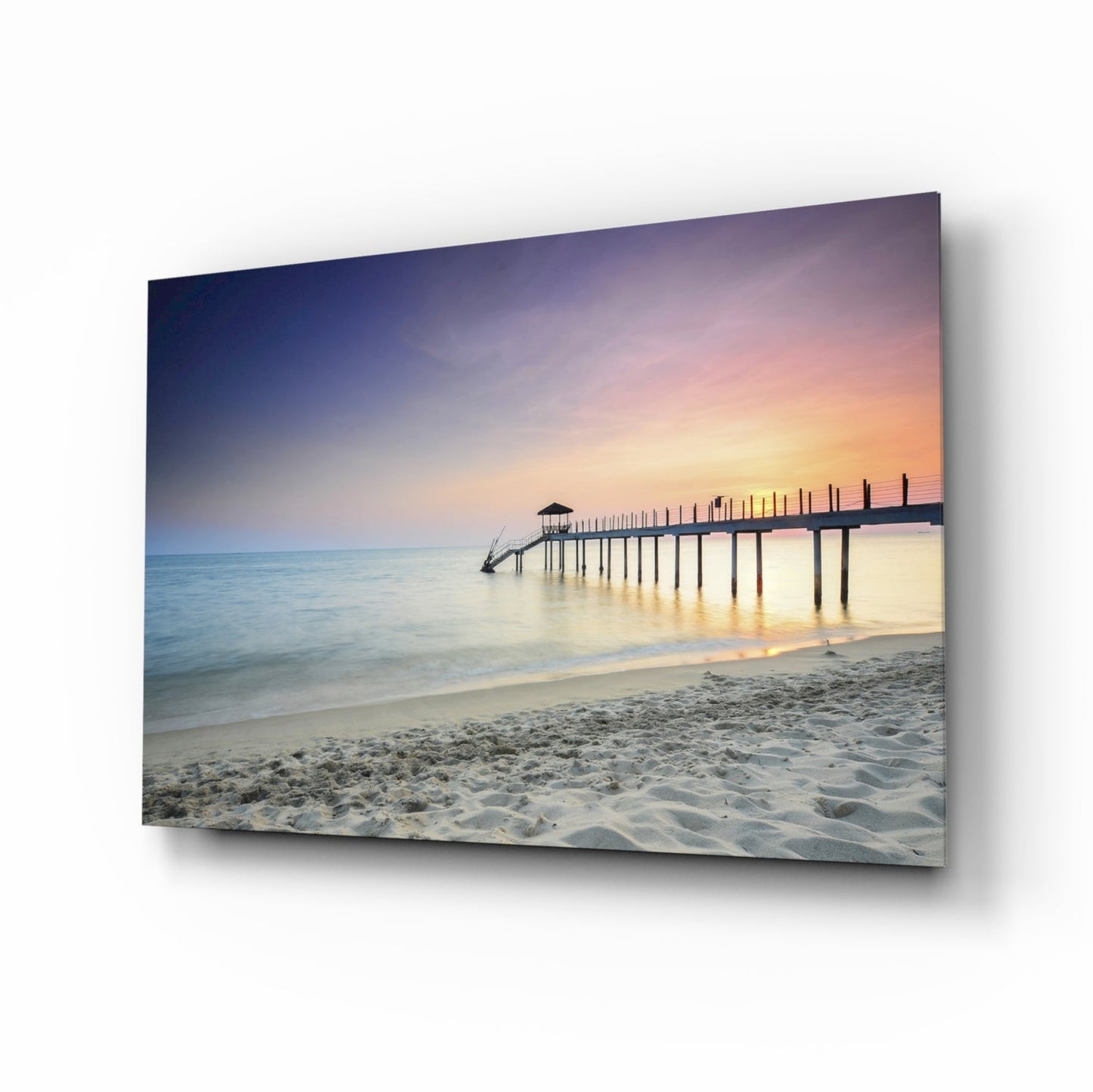 Pastel Dawn Sandy Beach Pier Glass Wall Art