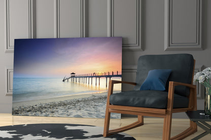Pastel Dawn Sandy Beach Pier Glass Wall Art