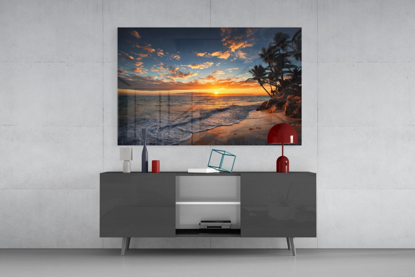 Golden Sunset Shoreline Palm Trees Glass Wall Art
