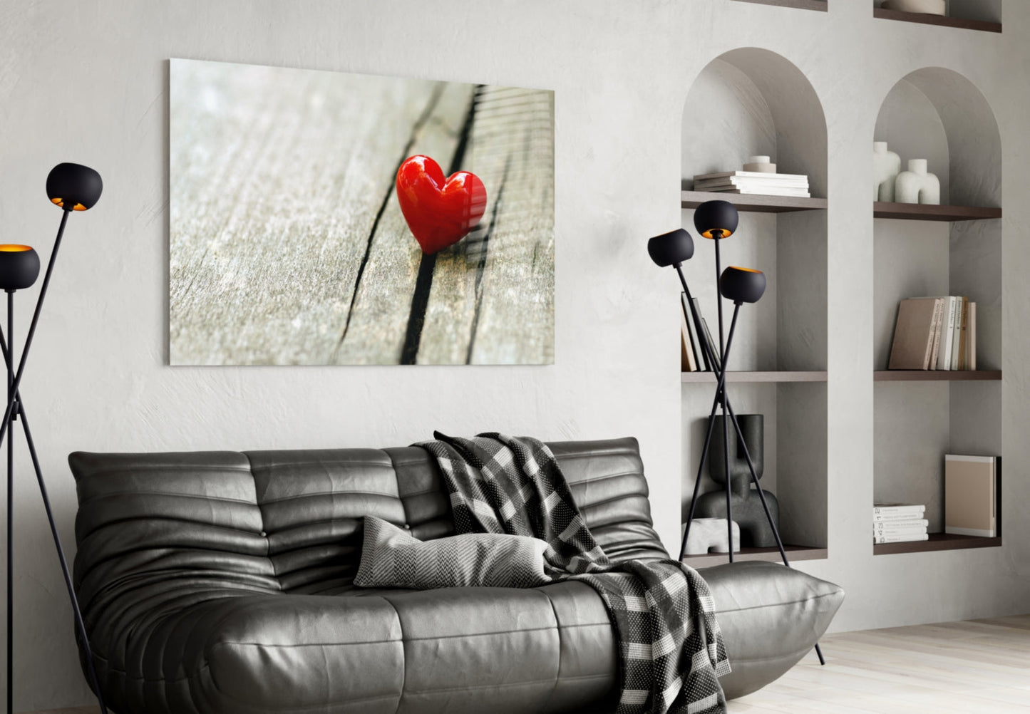 Glossy Red Heart On Wood Plank Glass Wall Art