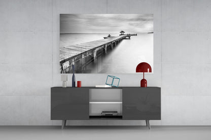 Black White Misty Pier Pavilion Glass Wall Art