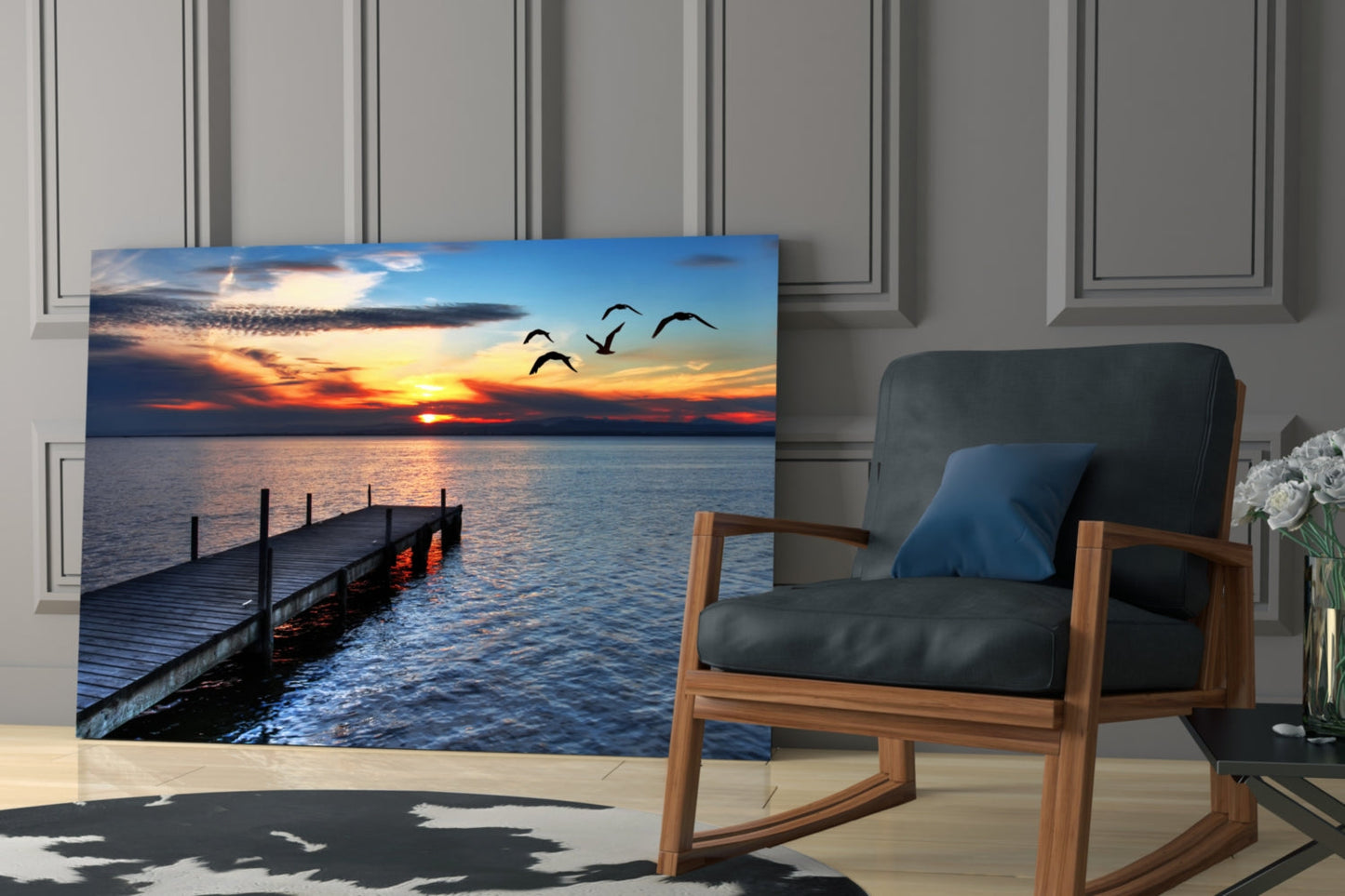 Sunset Silhouette Birds Lake Dock Glass Wall Art
