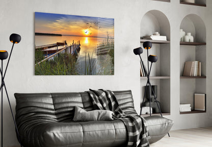 Lakeside Pier Boat Sunset Glass Wall Art